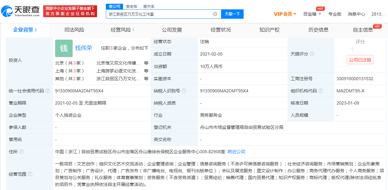 乃万工作室经营状态由存续变更为注销 本人未任职或持股 (图2)